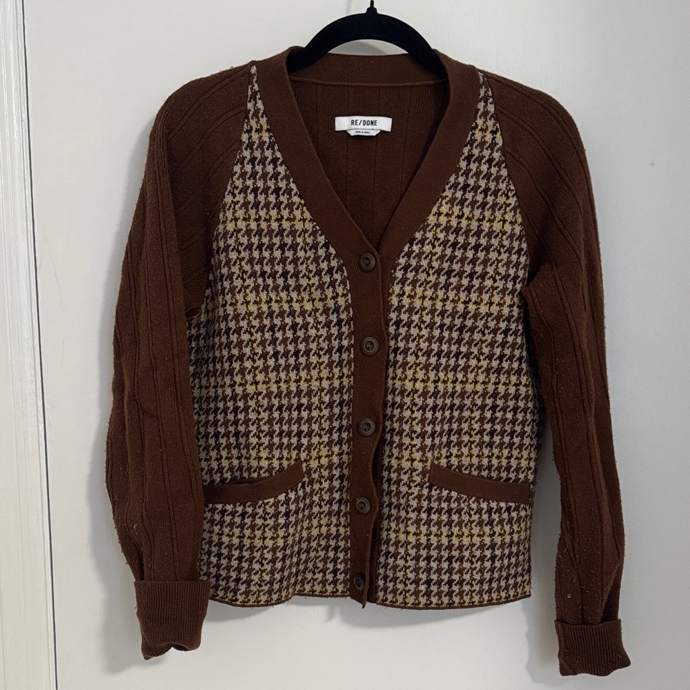 Re/Done Brown and Yellow Houndstooth Cardigan